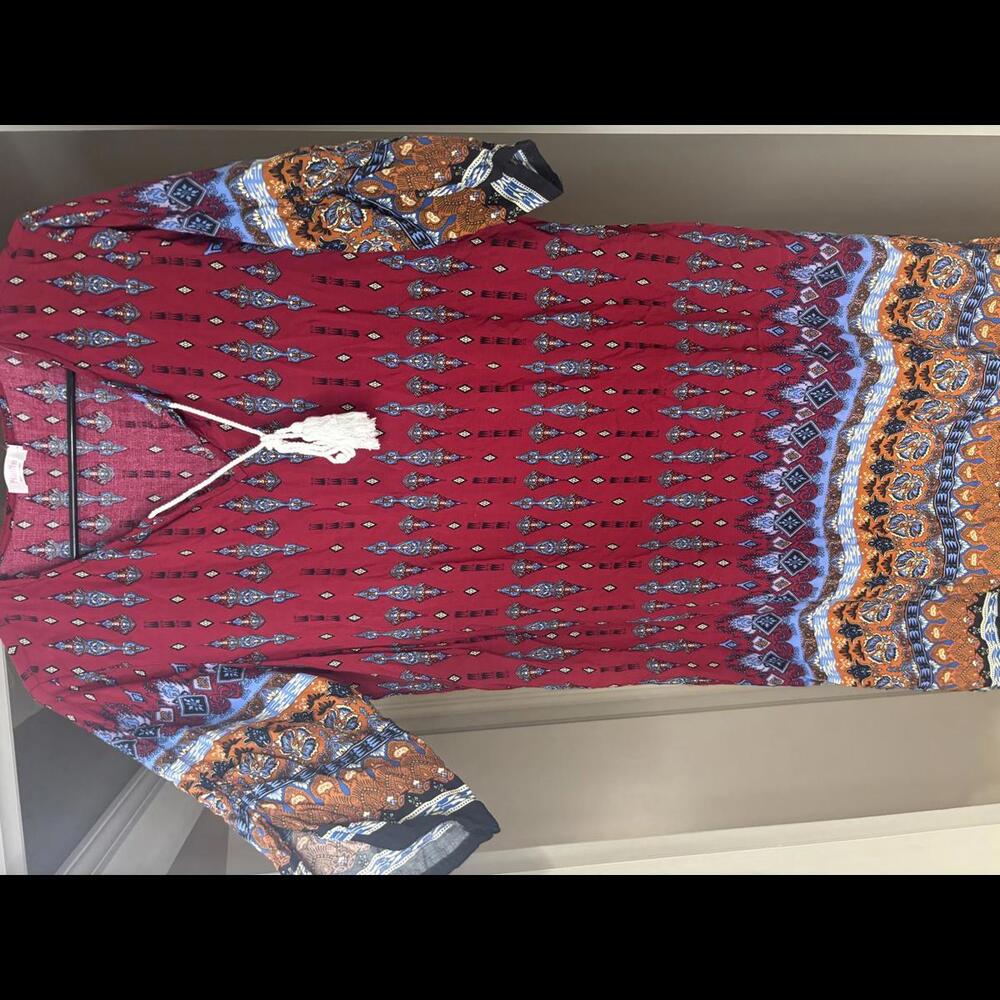 Halife Boho Chic Tunic Dress - Vibrant Red & Colorful Print - Picture 1 of 3